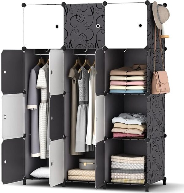 Portable Wardrobe Foldable Closet with 12 Compartments, Cabinet Clothes Storage Organizer Shelf with Clothes Hanging Rails for Bedroom
