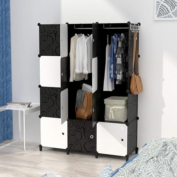Portable Wardrobe Foldable Closet with 12 Compartments, Cabinet Clothes Storage Organizer Shelf with Clothes Hanging Rails for Bedroom