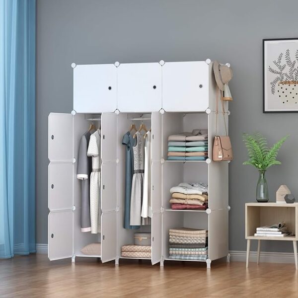 Portable Wardrobe Foldable Closet with 12 Compartments, Cabinet Clothes Storage Organizer Shelf with Clothes Hanging Rails for Bedroom
