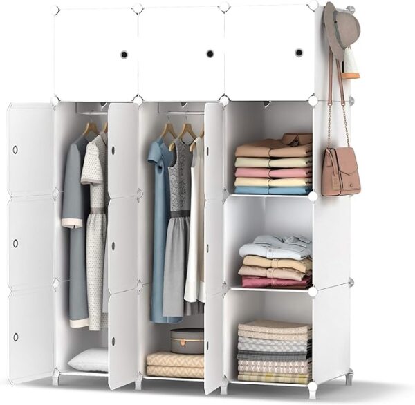 Portable Wardrobe Foldable Closet with 12 Compartments, Cabinet Clothes Storage Organizer Shelf with Clothes Hanging Rails for Bedroom