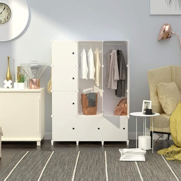 Portable Wardrobe Foldable Closet with 12 Compartments, Cabinet Clothes Storage Organizer Shelf with Clothes Hanging Rails for Bedroom