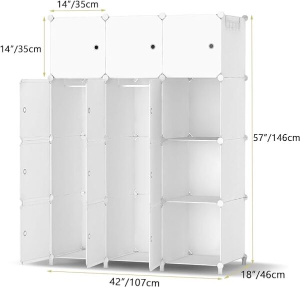 Portable Wardrobe Foldable Closet with 12 Compartments, Cabinet Clothes Storage Organizer Shelf with Clothes Hanging Rails for Bedroom