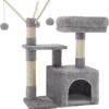 Cat Tree, Small Cat Condo, 72 cm, 3 Pompoms, light Grey & Smoky Grey
