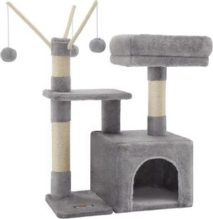 Cat Tree, Small Cat Condo, 72 cm, 3 Pompoms, light Grey & Smoky Grey