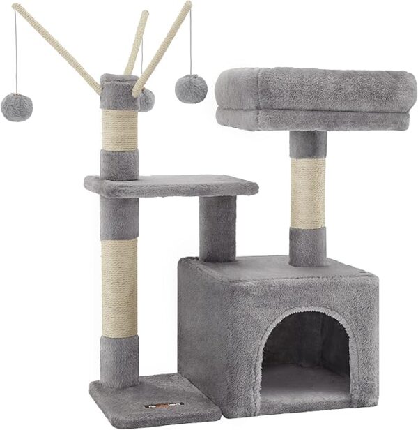 Cat Tree, Small Cat Condo, 72 cm, 3 Pompoms, light Grey & Smoky Grey