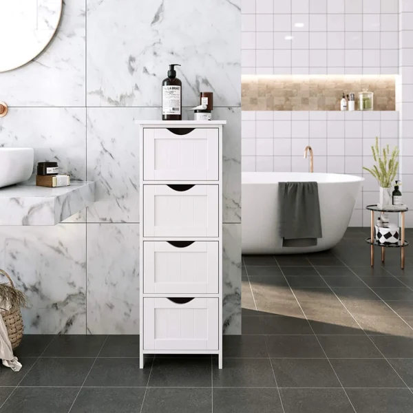 FS Bathroom Floor Storage Cabinet, Bathroom Storage with 4 Drawers, Bathroom Cabinet Freestanding, 30 x 30 x 82 cm, Modern Style, White LHC40W