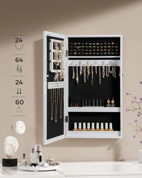 Wall Mounted Jewellery Cabinet Mirror with Storage Lockable Mirrored Cabinet White + Black