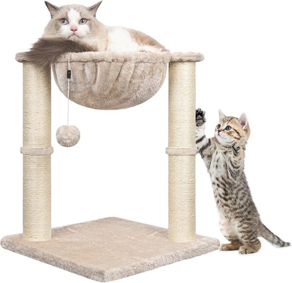 Cat Scratching Post, 50cm Cat Tree with Cat Hammock Bed, Scratching Posts for Indoor Cats with Hanging Ball Toy, Grey, Beige