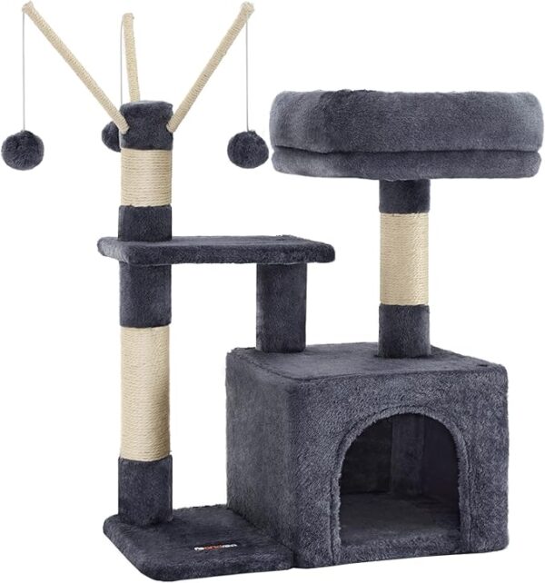 Cat Tree, Small Cat Condo, 72 cm, 3 Pompoms, light Grey & Smoky Grey