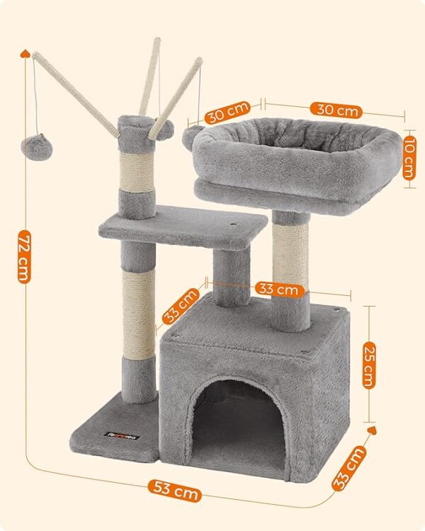 Cat Tree, Small Cat Condo, 72 cm, 3 Pompoms, light Grey & Smoky Grey