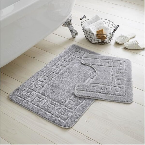 Bath Mat Set 2 Piece Machine Washable for Bathroom, Jacquard Greek Non Slip Quick Dry Shower Rugs & Bathtub Mats, Highly Water Absorbent