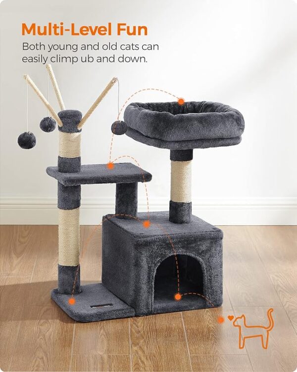 Cat Tree, Small Cat Condo, 72 cm, 3 Pompoms, light Grey & Smoky Grey