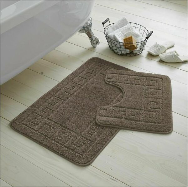 Bath Mat Set 2 Piece Machine Washable for Bathroom, Jacquard Greek Non Slip Quick Dry Shower Rugs & Bathtub Mats, Highly Water Absorbent