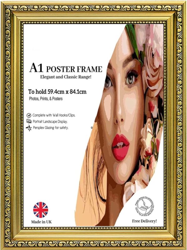 A1 Picture Frame Gold Ornate Shabby Chic Picture Poster Frame Antique Vintage Style A1 (59.4 cm x 84.1)cm