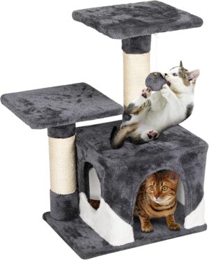 817QjvFfBuL._AC_SX679_.jpg 69cm Cat Tree Tower w/2 Sisal Scratching Posts Basic Cat Climbing Tree for Indoor Small Cats, Dark Grey/White