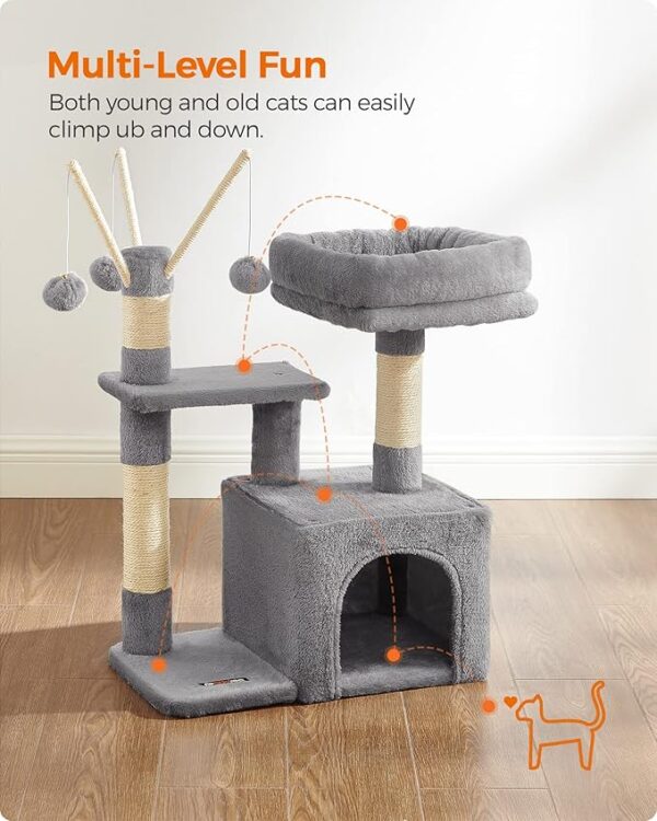 Cat Tree, Small Cat Condo, 72 cm, 3 Pompoms, light Grey & Smoky Grey