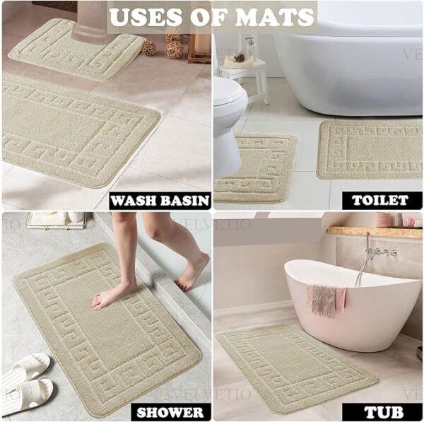 Bath Mat Set 2 Piece Machine Washable for Bathroom, Jacquard Greek Non Slip Quick Dry Shower Rugs & Bathtub Mats, Highly Water Absorbent