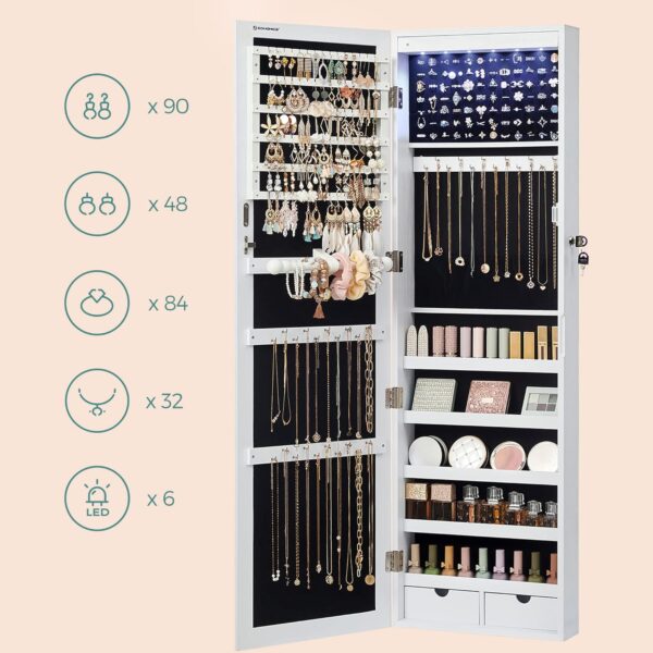 Jewellery Wall Storage Cabinet for Necklaces, Earrings, Accessories, and Mirror White