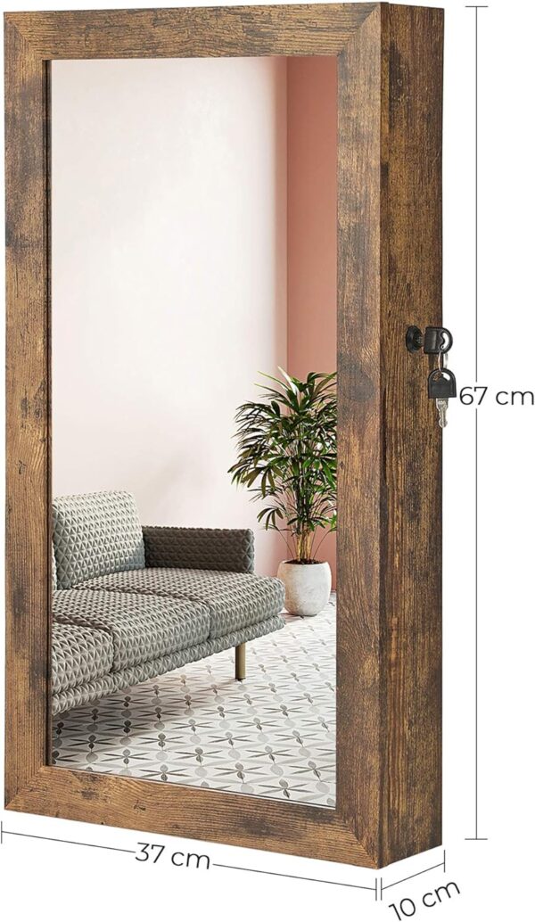 Wall Mounted Jewellery Cabinet Mirror with Storage Lockable Mirrored Cabinet Rustic Brown + Black