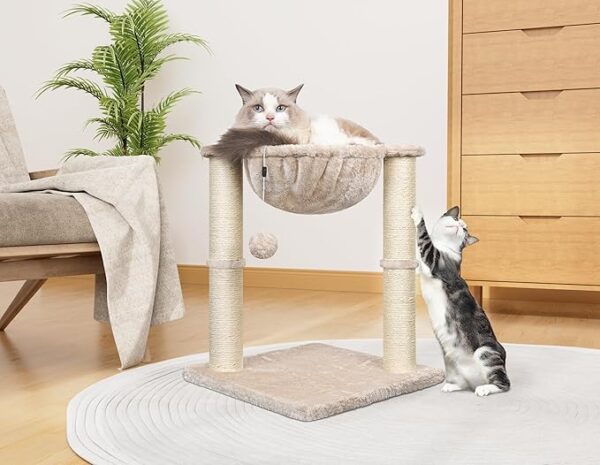 Cat Scratching Post, 50cm Cat Tree with Cat Hammock Bed, Scratching Posts for Indoor Cats with Hanging Ball Toy, Grey, Beige