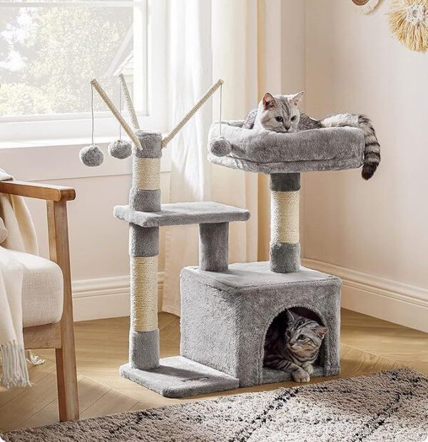 Cat Tree, Small Cat Condo, 72 cm, 3 Pompoms, light Grey & Smoky Grey