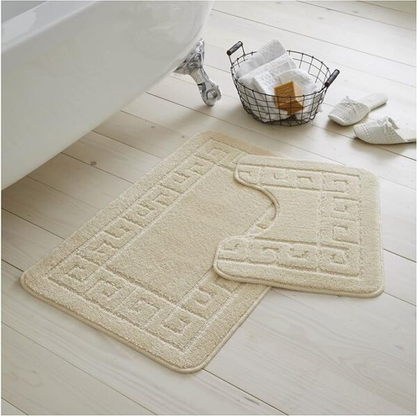 Bath Mat Set 2 Piece Machine Washable for Bathroom, Jacquard Greek Non Slip Quick Dry Shower Rugs & Bathtub Mats, Highly Water Absorbent