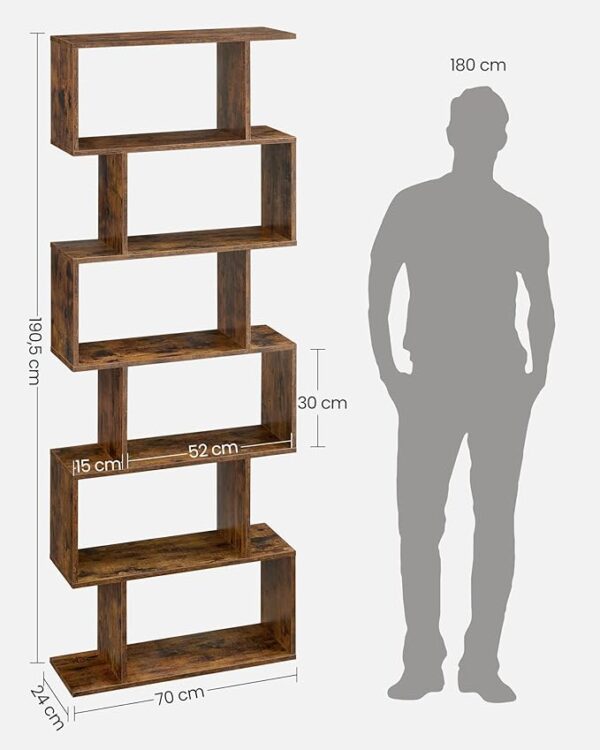 FS Bookcase, 6 Tier Shelf, Storage Unit, Divider, Living Room, Bedroom, Office, Modern Style, Rustic Brown