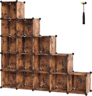 BK1.jpg FRAMESPOT 16-Cube Storage Unit, Shoe Rack, DIY Shelving System, Stackable Cubes, PP Plastic Shelf, Wardrobe, Closet Divider, for Bedroom, Office, 31 x 123 x 123 cm, Rustic Brown LPC442A01