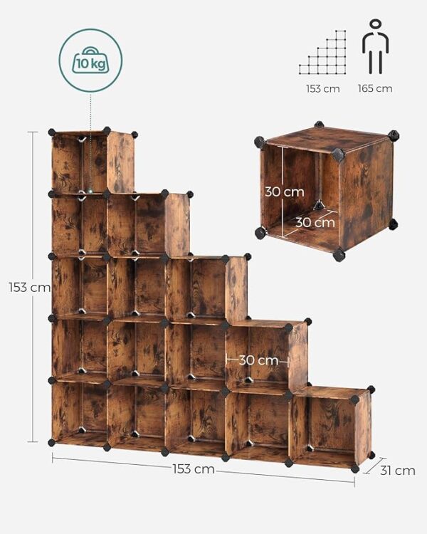 FRAMESPOT 16-Cube Storage Unit, Shoe Rack, DIY Shelving System, Stackable Cubes, PP Plastic Shelf, Wardrobe, Closet Divider, for Bedroom, Office, 31 x 123 x 123 cm, Rustic Brown LPC442A01