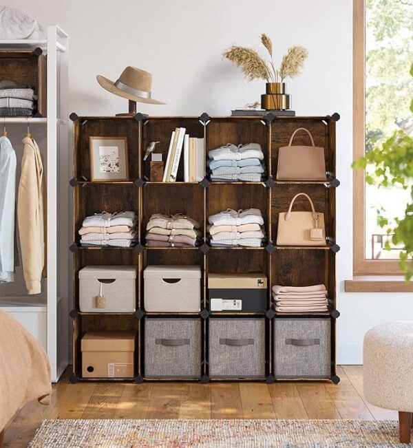 FRAMESPOT 16-Cube Storage Unit, Shoe Rack, DIY Shelving System, Stackable Cubes, PP Plastic Shelf, Wardrobe, Closet Divider, for Bedroom, Office, 31 x 123 x 123 cm, Rustic Brown LPC442A01