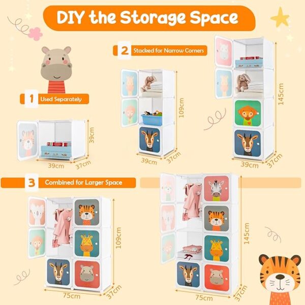 FS Cartoon Clothes Closet, Portable Kids Wardrobe with Hanging Section, Children Storage Unit for Bedroom Nursery (White, 8 Cubes Animal: 75 x 37 x 145cm)
