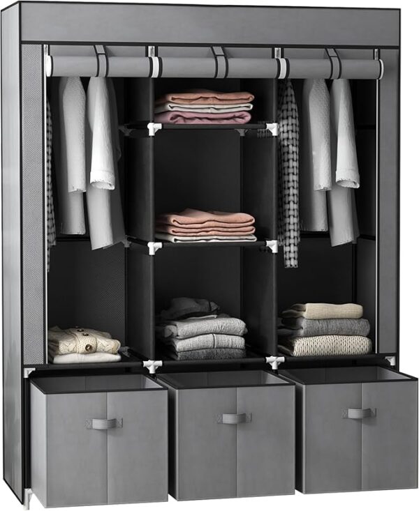 FS Portable Wardrobe, Foldable Closet, Clothes Storage Organiser with 2 Hanging Rails, 5 Shelves and 3 Fabric Drawers for Bedroom, 125 x 43 x 162.5cm -Dark Grey