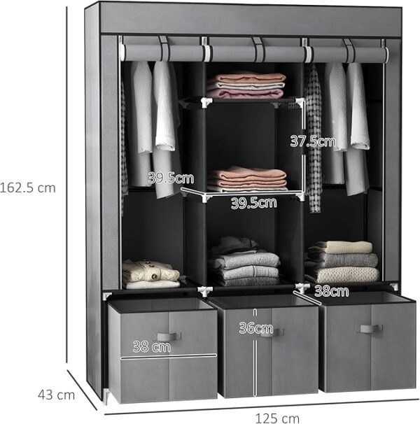 FS Portable Wardrobe, Foldable Closet, Clothes Storage Organiser with 2 Hanging Rails, 5 Shelves and 3 Fabric Drawers for Bedroom, 125 x 43 x 162.5cm -Dark Grey
