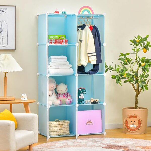 FS 8/12 Cube Children Clothes Closet, Cartoon Modular Wardrobe with Hanging Sections, Kids Storage Unit for Children Room, Nursery, Bedroom