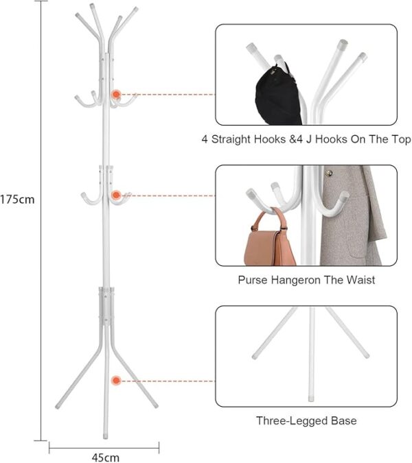 Coat Stand with 12 Hooks Clothes Rack 3 Tier Freestanding Metal Hanger coat rack stand Hat Handbag Jacket Umbrella Hanging Organiser for Homes Office Entryway Hallway White