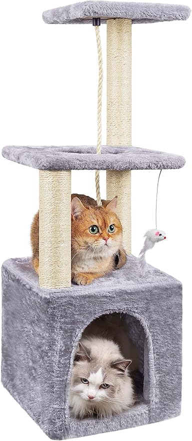 Cat Tree, 90cm Cat Scratching Post, Multi-Level Stable Cat Tower with Cat House, Cat Tree for Indoor Cats for Climbing Playing and Relaxation, Grey