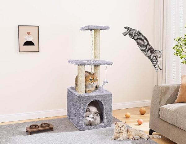 Cat Tree, 90cm Cat Scratching Post, Multi-Level Stable Cat Tower with Cat House, Cat Tree for Indoor Cats for Climbing Playing and Relaxation, Grey