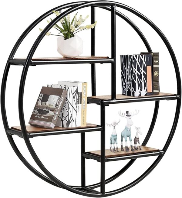 Wall Shelf, Steel Wall-Mounted Round Floating Display Rack, 4 Tier Decorative Storage Shelving Unit for Bedroom,