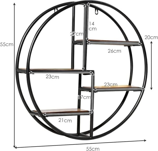 Wall Shelf, Steel Wall-Mounted Round Floating Display Rack, 4 Tier Decorative Storage Shelving Unit for Bedroom,