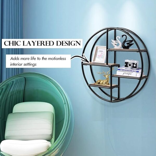 Wall Shelf, Steel Wall-Mounted Round Floating Display Rack, 4 Tier Decorative Storage Shelving Unit for Bedroom,