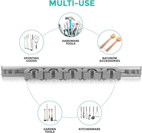 Wall Mounted 5 Friction Position Grip 6 Sliding Hooks Rack Tidy Kitchen Storage