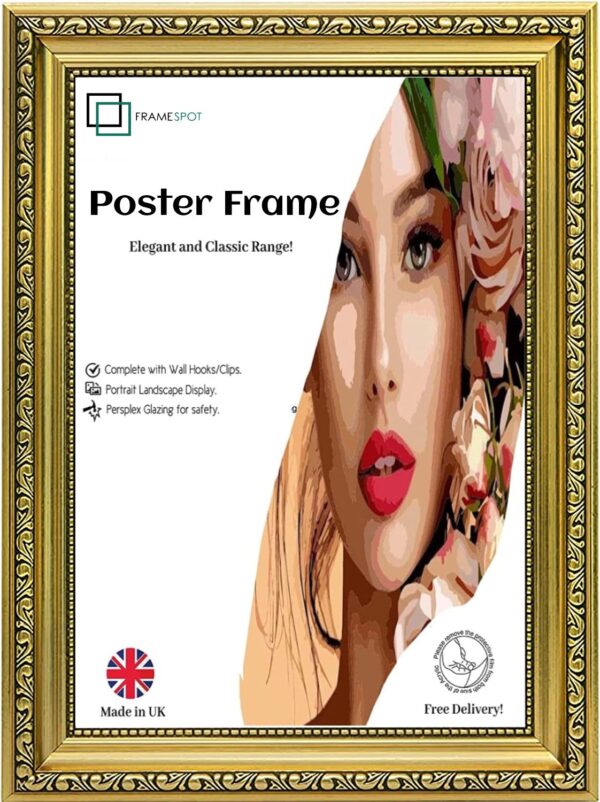 All Sizes Ornate Shabby Chic Gold Picture Poster Frame Antique Vintage Style MDF Backing Board with Perspex Sheet