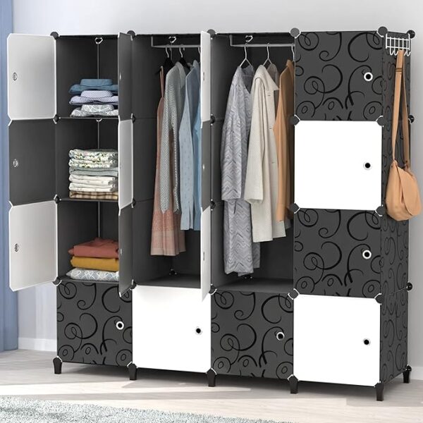 Portable Wardrobe 16 Cube Foldable Closet w/ 3 Clothes Hanging Rails, Deeper Cube Modular Cabinet Storage