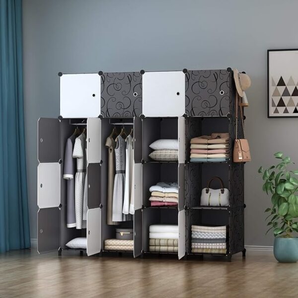 Portable Wardrobe 16 Cube Foldable Closet w/ 3 Clothes Hanging Rails, Deeper Cube Modular Cabinet Storage