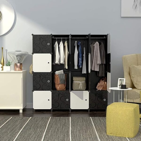 Portable Wardrobe 16 Cube Foldable Closet w/ 3 Clothes Hanging Rails, Deeper Cube Modular Cabinet Storage