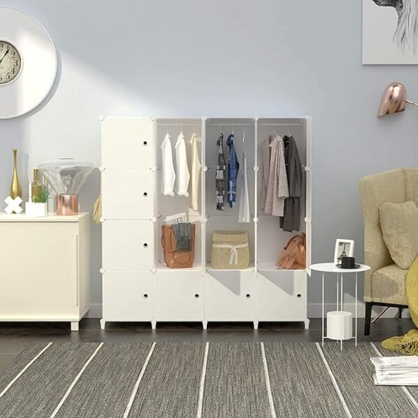 Portable Wardrobe 16 Cube Foldable Closet w/ 3 Clothes Hanging Rails, Deeper Cube Modular Cabinet Storage