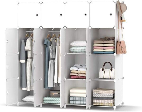 Portable Wardrobe 16 Cube Foldable Closet w/ 3 Clothes Hanging Rails, Deeper Cube Modular Cabinet Storage