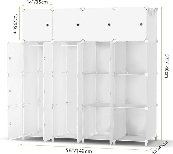 Portable Wardrobe 16 Cube Foldable Closet w/ 3 Clothes Hanging Rails, Deeper Cube Modular Cabinet Storage