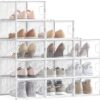 FRAMESPOT Clear Shoe Boxes, Set of 12 Shoe Storage Organsiers, Stackable, Breathable, and Foldable, for Max. UK Size 11, Display Trainers, High Heels, Transparent and White LSP106W12