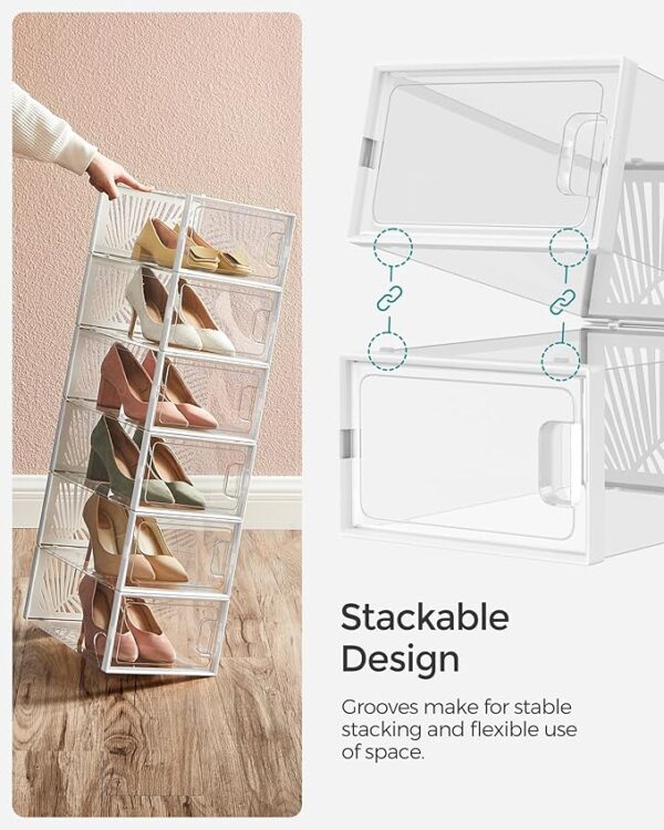 FRAMESPOT Clear Shoe Boxes, Set of 12 Shoe Storage Organsiers, Stackable, Breathable, and Foldable, for Max. UK Size 11, Display Trainers, High Heels, Transparent and White LSP106W12
